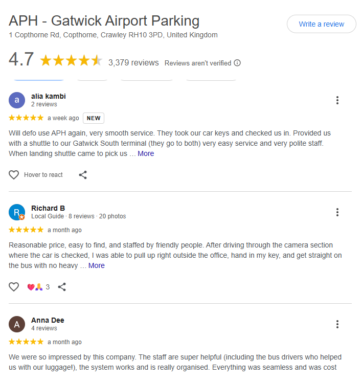 Customers reviews of APH Gatwick