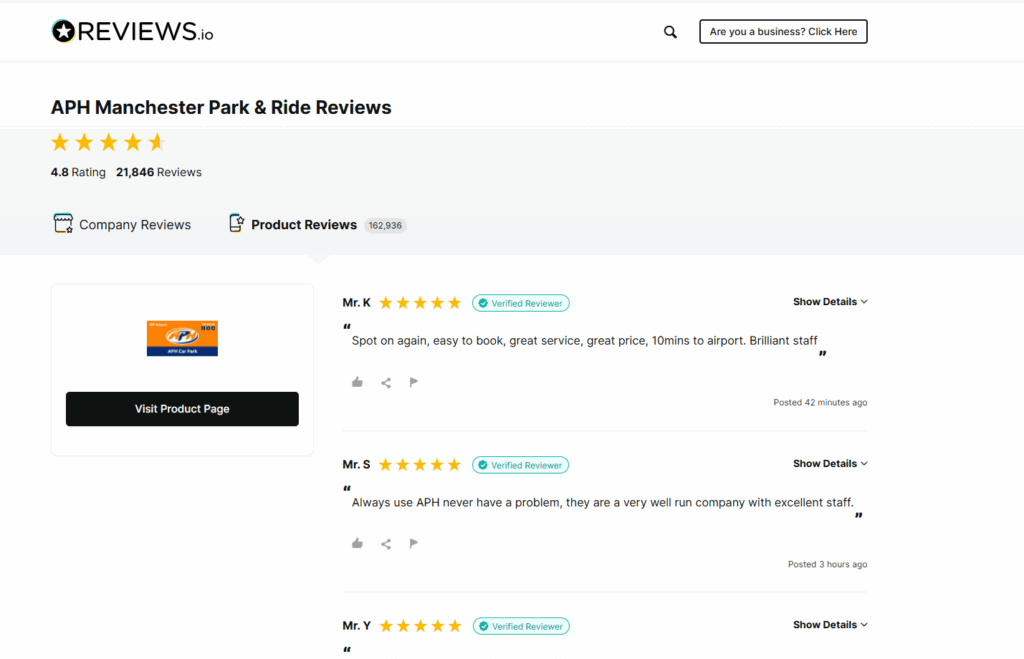 Customers reviews of APH Manchester Parking on Reviews.io website